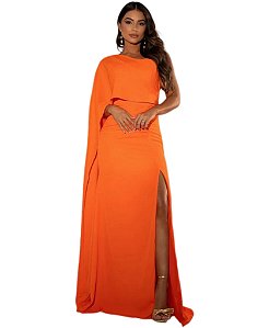 Vestido Longo Feminino com Fenda Lateral Nula Manga Capa