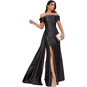 Vestido Preto Longo Slip Dress Vestido Sereia Ombro a Ombro