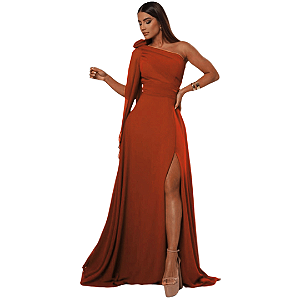 Vestidos Terracota Madrinha Nula Manga Capa com Flor
