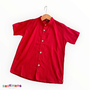 Camisa Linho Manga Curta Gola Padre - Vermelha