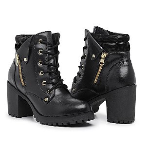 Coturno Feminino Salto Alto Cano Curto Casual Em Couro Legítimo