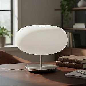 Abajur Luminaria De Mesa Vidro Redondo Branco Com Aço Escovado Booble 38Cm