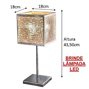 Abajur Luminaria De Mesa Com Cupula Quadrada Metal Inox Cromado Apolo 18 X 43,5Cm