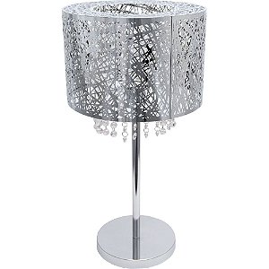 Abajur Luminaria De Mesa Com Cupula Metal Inox Cromado Com Cristal Apolo 30Cm