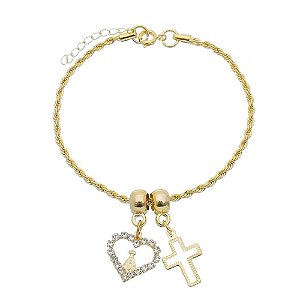 Pulseira Nossa Senhora Aparecida com Pingente Coração e Cruz
