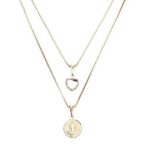 Colar São Bento Duplo com Coração Cristal Folheado