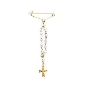 Broche Dezena Pérola Creme Dourado com Cruz