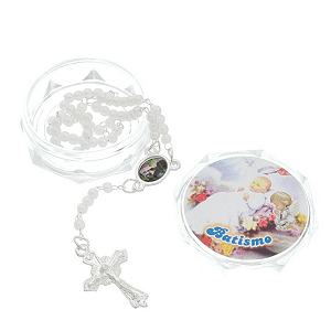Terço em Pérola Branco com Caixinha do Anjo da Guarda - Lembrança de Batismo