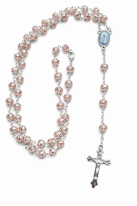 Terço Colar Nossa Senhora Aparecida Contas Formato Rosas Prateadas 8mm Cor Rosa Claro