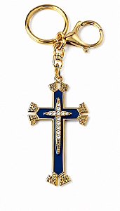 Chaveiro Cruz Folheado Azul Pequeno com Strass