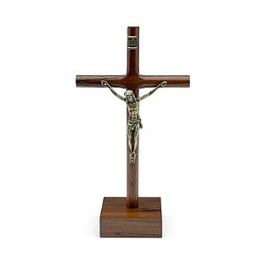 Crucifixo em Madeira Cilíndrica de Mesa 15cm com Chagas
