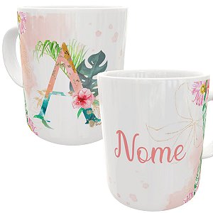 Caneca alfabeto floral com inicial e nome personalizados
