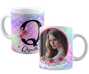 Caneca inicial+qualquer nome personalizado florido c/foto