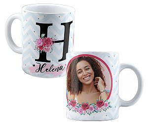 Caneca presente nome+inicial e foto personalizados flores