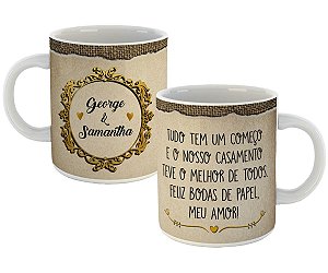Caneca feliz bodas de papel com nome personalizado presente