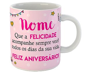 Caneca com nome personalizado feliz aniversário felicidades