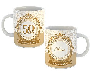 Caneca 50 anos bodas de ouro com nome personalizado presente