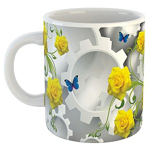 Caneca engrenagem floral borboletas florido presente