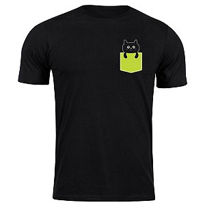 Camiseta algodão gatinho preto de bolso camisa blusa pet cat