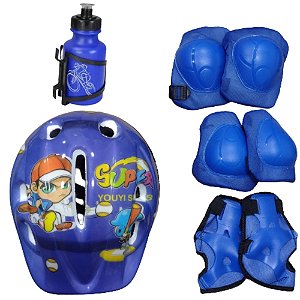 KIT CAPACETE, JOELHEIRA E COTOVELEIRA INFANTIL + GARRAFINHA | AZUL