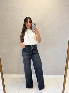 Calça Wide Leg Jeans Preto Estonado