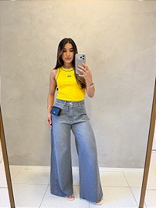 Calça Pantalona Jeans Cinza Marmorizado