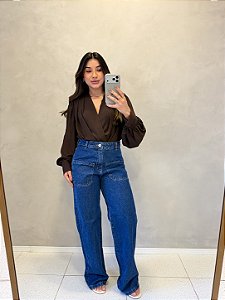 Calca Jeans Wide Leg Bolso