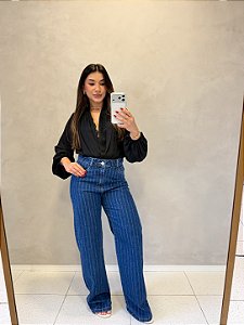 Calca Wide Leg Jeans Listrado