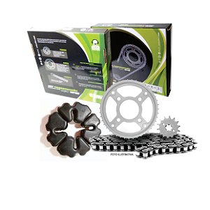 KIT RELAÇÃO TITAN 150 04-08/FAN 150 09-17 428H x 118L 43T/16T 1045 EMBUS + KIT BUCHA DA COROA TITAN 150 JOGO COM 4 PÇS EM BORRACHA (R6 MOTOS)