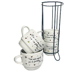 Kit xicaras  300 ml com frases bíblicas - 4unidades + suporte
