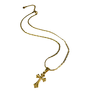 Colar Feminino de Aço Inox Dourada com Pingente de Cruz Estilizada
