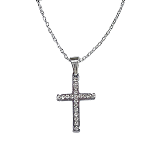 Colar de Aço Inox Prata com Pingente de Cruz Cravejada