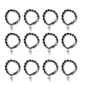 Kit com 12 Pulseira de Hematita com Medalha de São Bento e Pingente de Cruz - Atacado