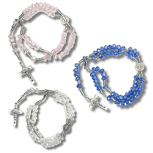 Kit com 12 Terço de Pulso de Cristal com Medalha de São Bento - Atacado (Cores Sortidas: Branco, Azul e Rosa)