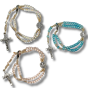 Kit com 12 Terço de Pulso Infantil Translúcido com Medalha de São Bento - Atacado (Cores Sortidas: Branco, Rosa e Azul)