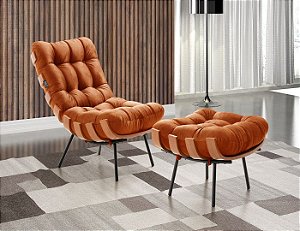 Poltrona Costela com Puff Coral Vivaro Decor Suede Terracota
