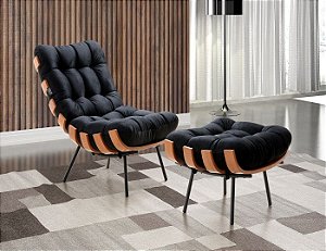Poltrona Costela com Puff Coral Vivaro Decor Suede Preto