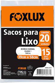 FOXLUX SACO LIXO 015LT 39X58CM PT C/20PCS