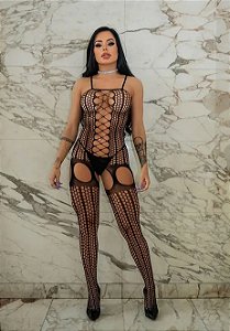 Bodystocking Macacão Arrastão Sensual com Trançado