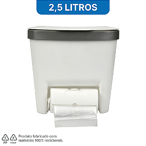 Lixeira Plástica 2,5 Litros na cor branca com suporte dispensador + 4 Rolos Refil P c/ 30 saquinhos