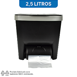 Lixeira Plástica 2,5 Litros na cor preta com suporte dispensador + 4 Rolos Refil P c/ 30 saquinhos