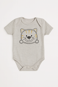 Body Bordado Gatinho Feliz Cinza Xinenem