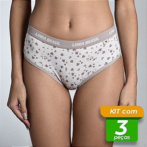Cueca Cueca Feminina em Cotton Estampado Kit com 3 Peças