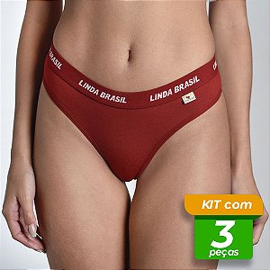 Calcinha em Cotton Fio Dental Lisa Elástico Personalizado Kit com 3 Peças