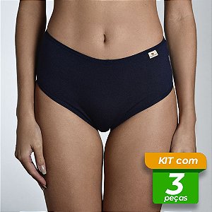 Calcinha em Cotton Conforto Cintura Alta Comum Lisa Kit com 3 Peças