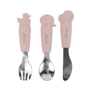 Kit de Talheres de Silicone e Aço Inox Animais Rosa - Clingo