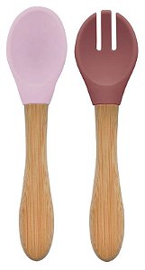 Colher e Garfo de Silicone e Bambu Dig In Pink/Velvet - Minikoioi
