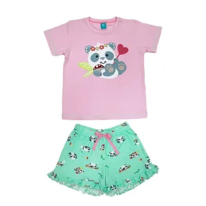 Pijama Infantil Manga Curta Rosa/Verde Panda Peeble Marckids