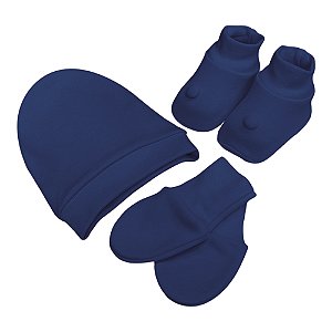 Kit Touca, Luva e Sapatinho RN Laço Bebê Bamboo Azul Marinho