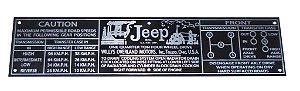 PLAQUETA DO PAINEL DAS INFORMAÇÕES TÉCNICAS JEEP CJ3 CJ3A CJ5 PRETA